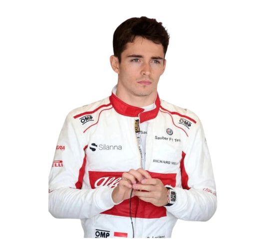 Person wearing a white and red racing suit with various sponsor logos on a white background