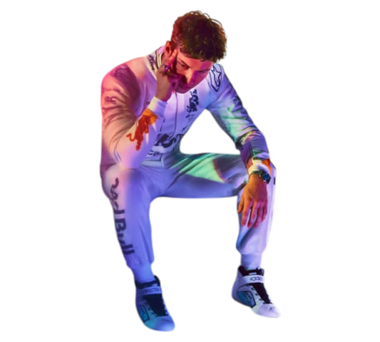 Person wearing a colorful bodysuit with abstract patterns on a white background