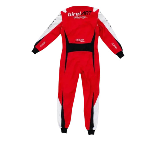 Red racing suit with black and white accents on a white background