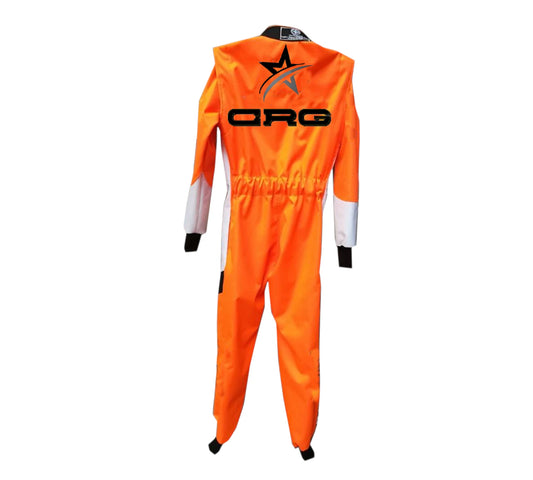 Orange racing suit with a logo on a white background