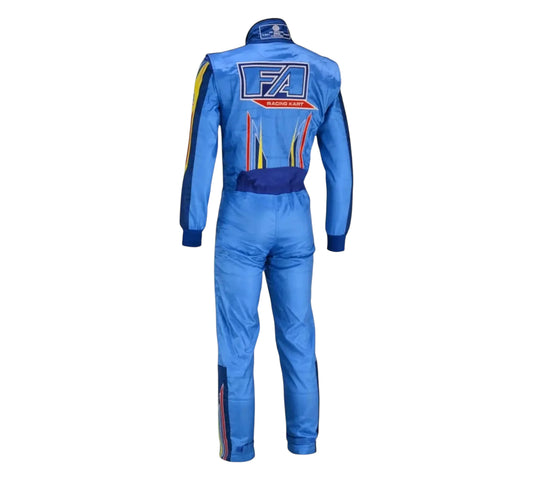 Blue racing suit with FA logo on a white background