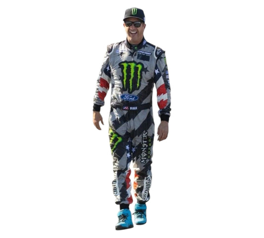 Person wearing a colorful racing suit with sponsor logos on a white background