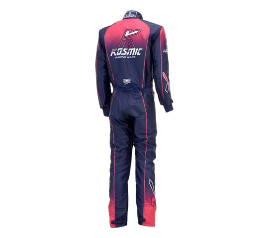 Navy and pink racing suit with Kosmic branding on a white background