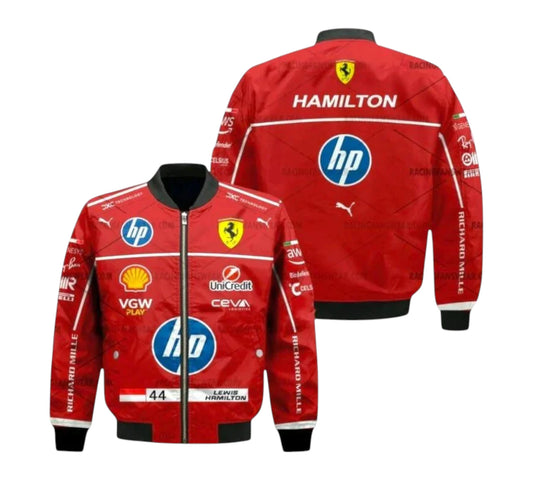 Red racing jacket with various logos on a white background