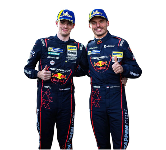 Two individuals in racing suits with visible branding on a white background