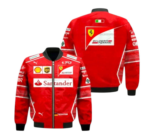 Red racing jacket with various logos on a white background