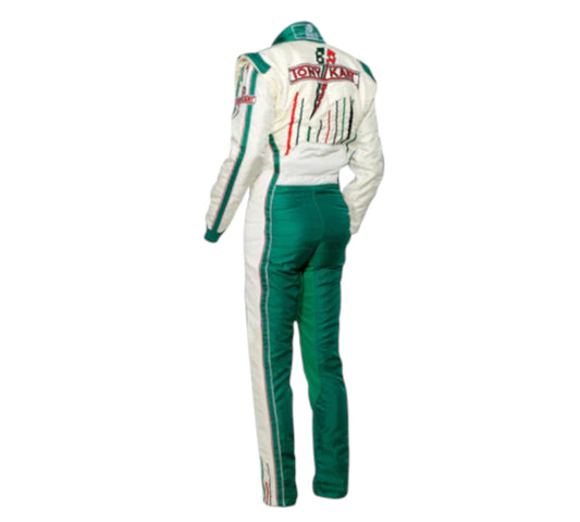 Racing suit with visible branding on a white background