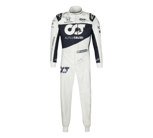 White racing suit with AlphaTauri branding on a white background