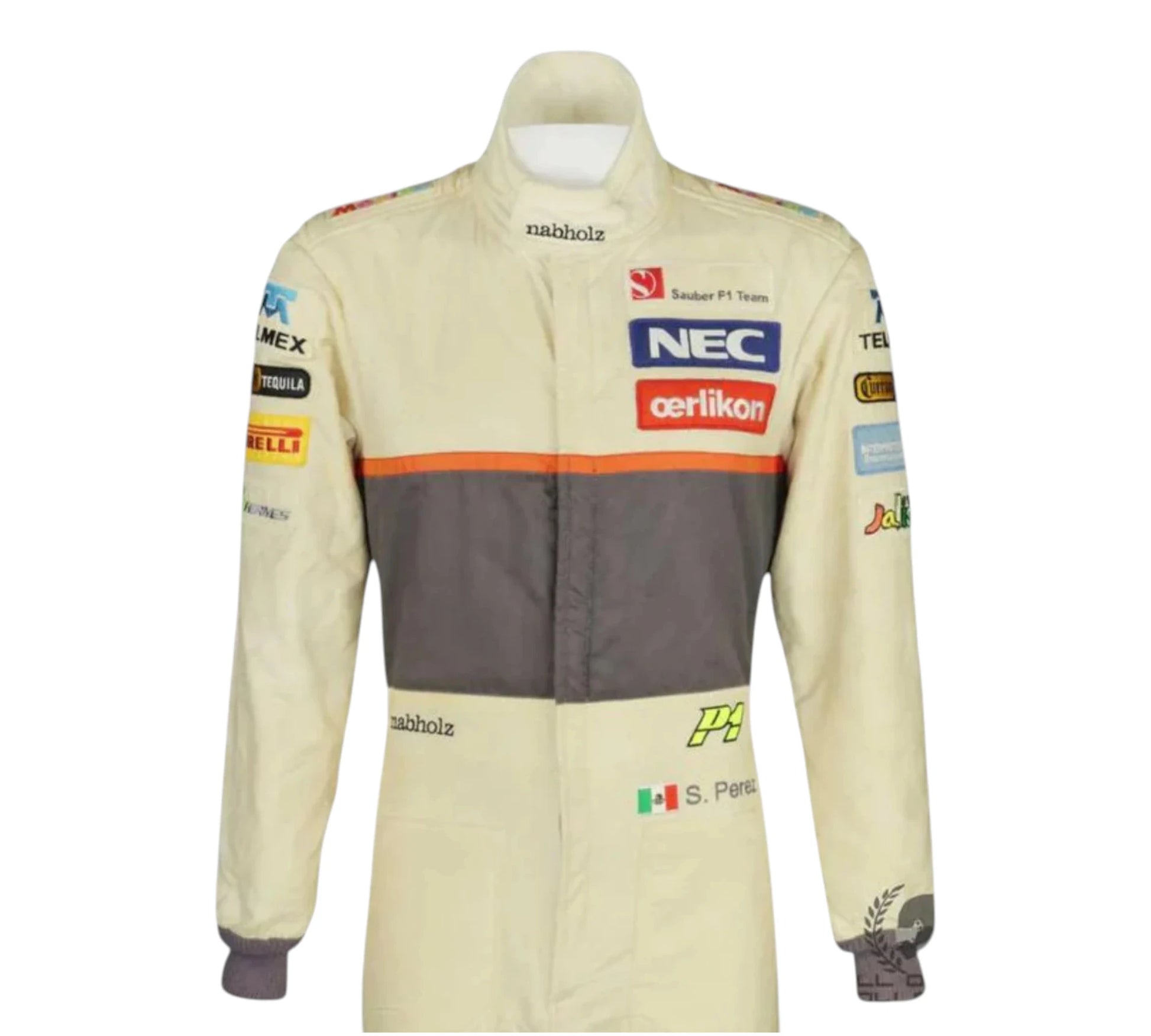 Racing suit with various sponsor logos on a white background