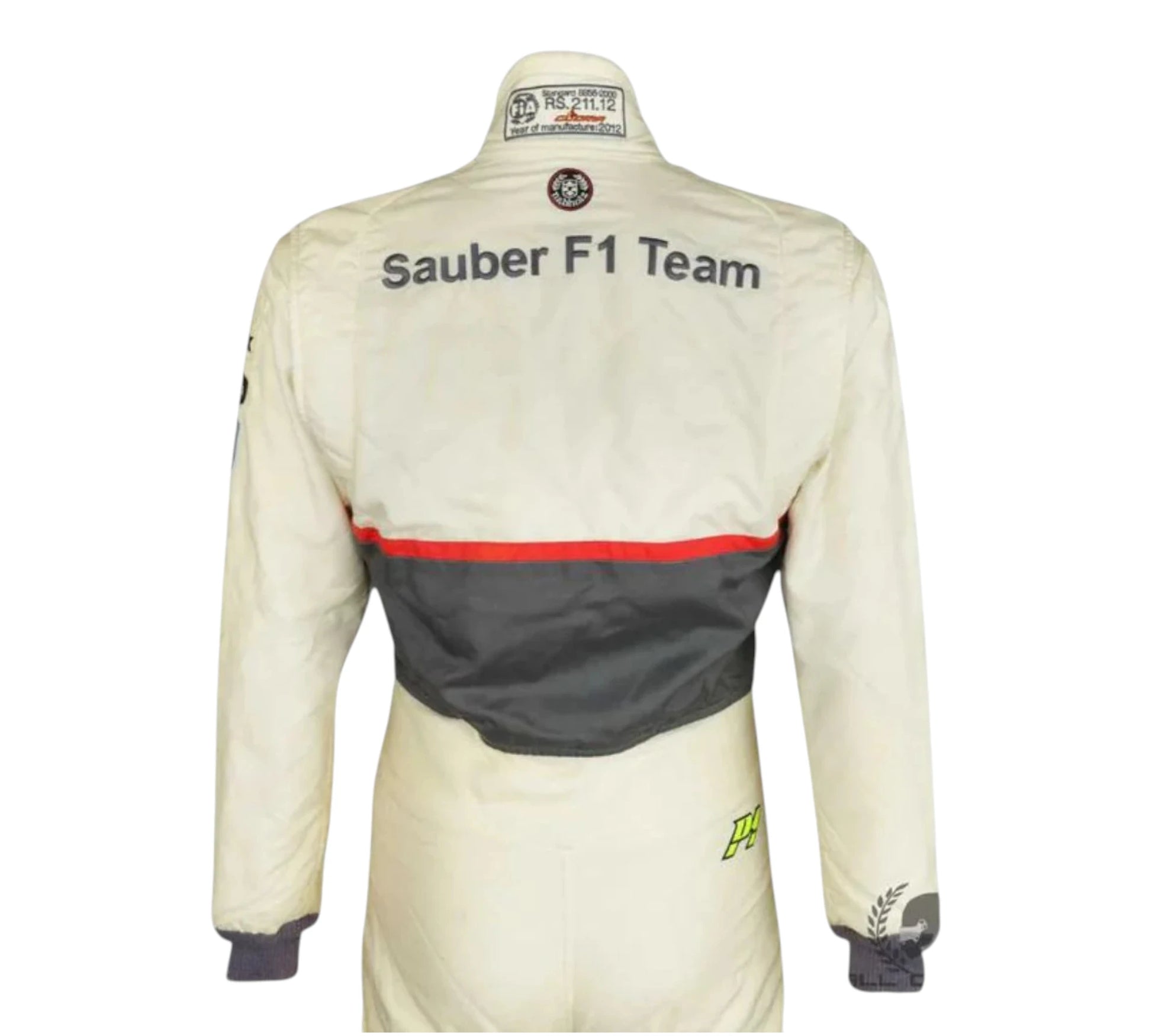 White racing suit with 'Sauber F1 Team' branding on a white background