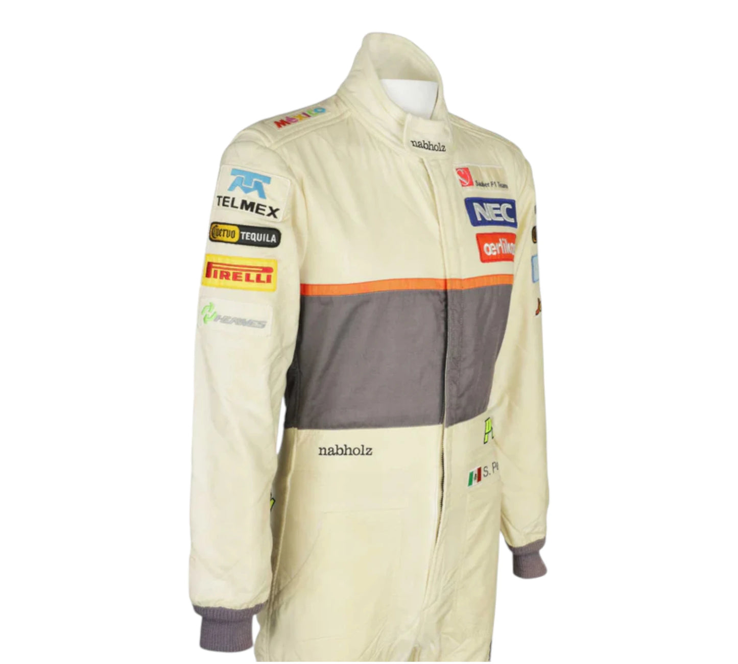 Race suit with various sponsor logos on a white background