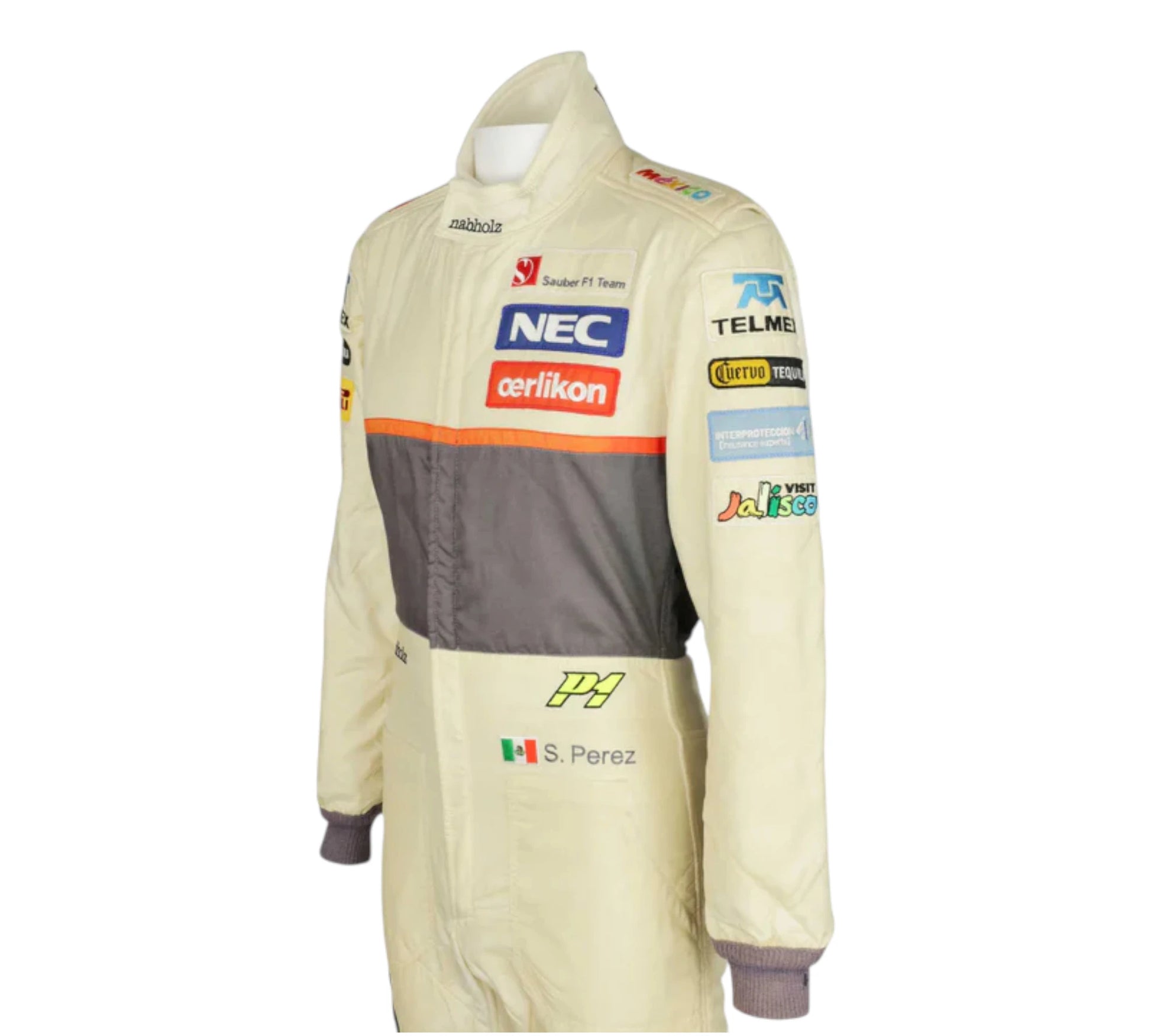 Race suit with various sponsor logos on a white background