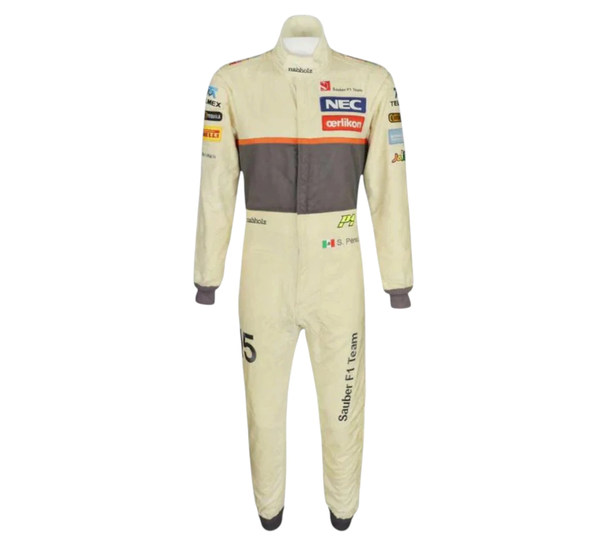 Race suit with branding on a white background