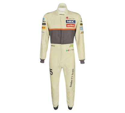 Race suit with branding on a white background