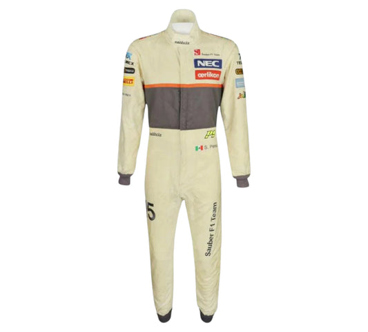 Race suit with branding on a white background