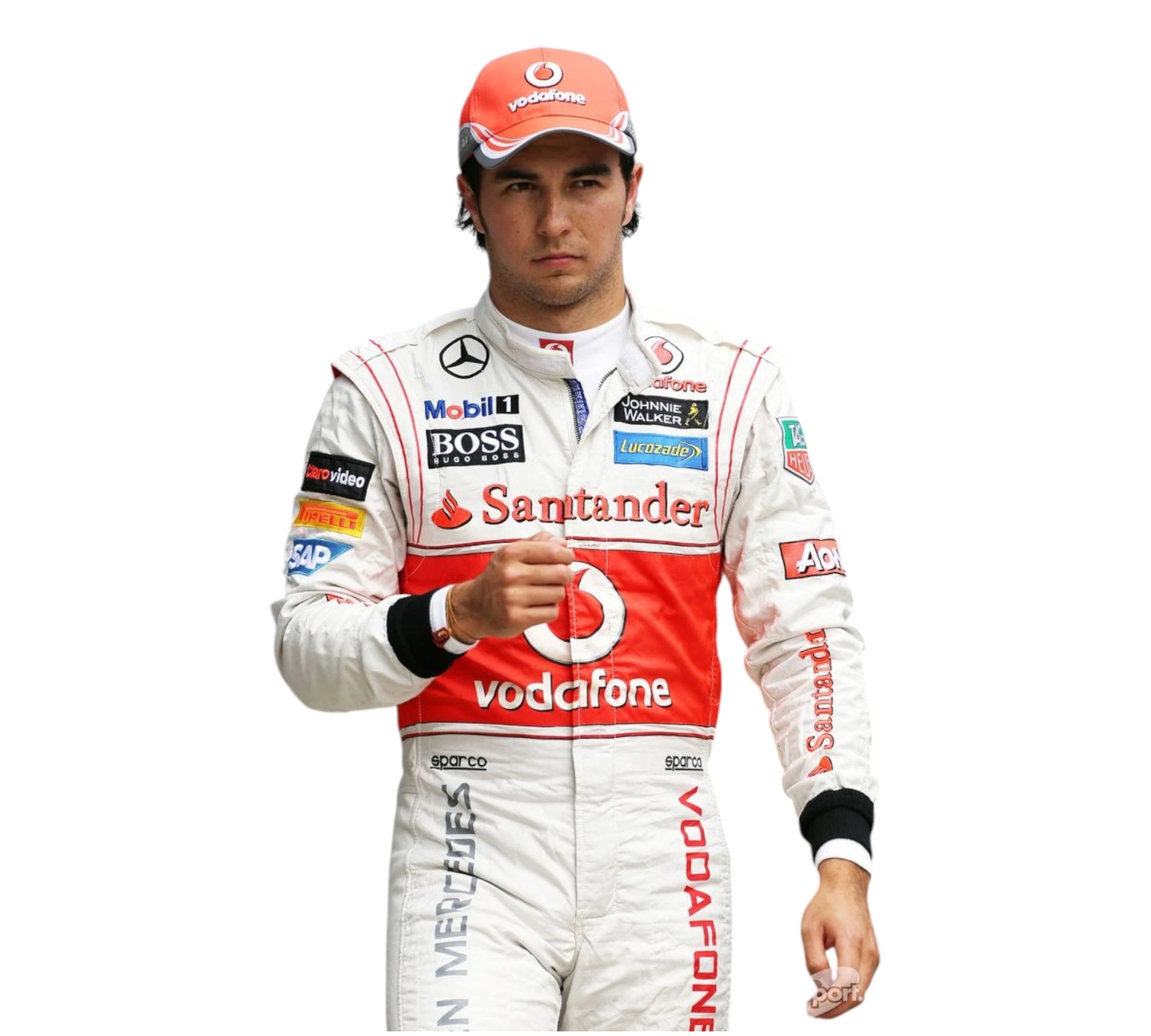 Formula 1 driver in a white and red racing suit with various sponsor logos on a white background