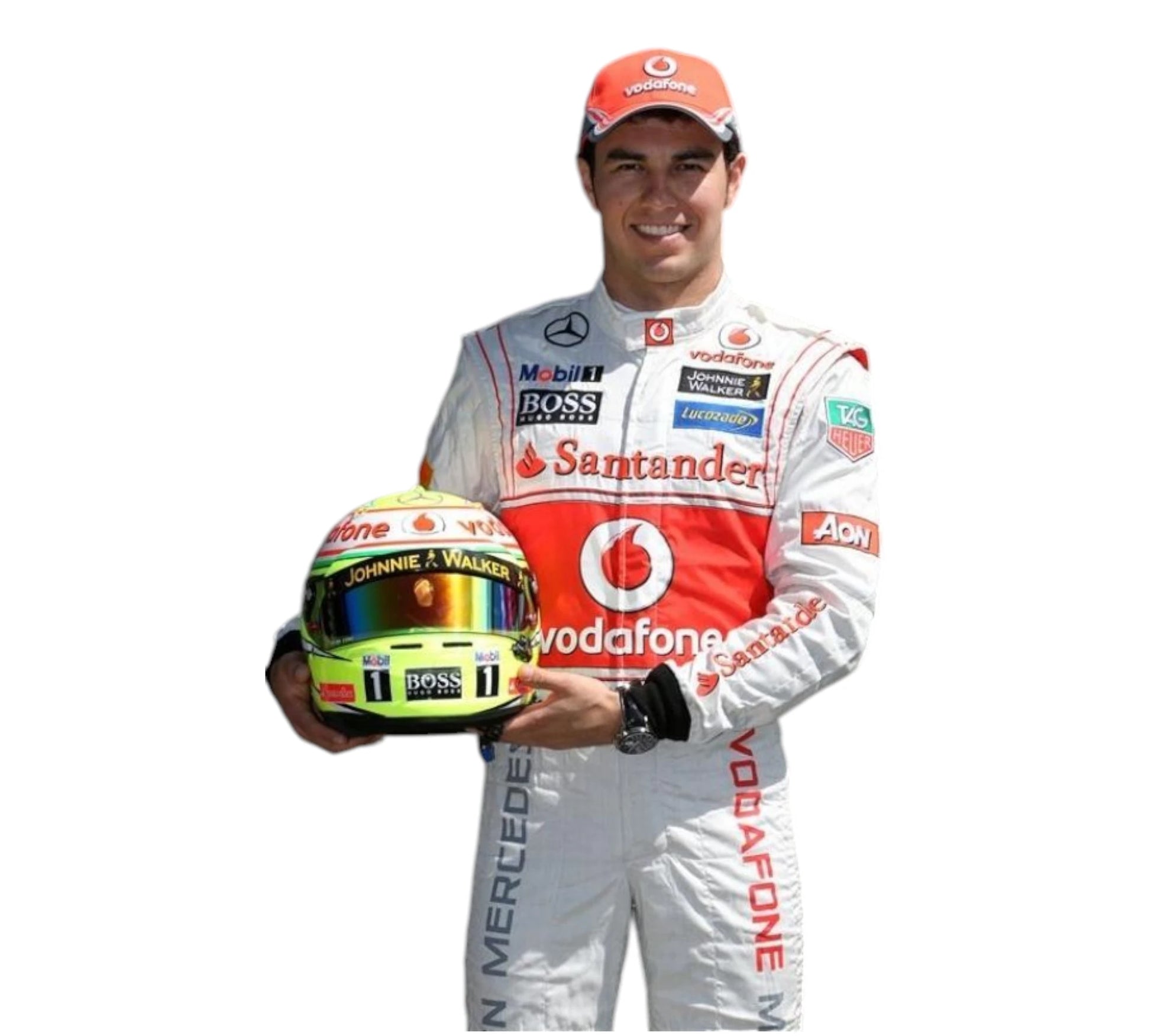 Racing driver in a white suit with sponsor logos holding a helmet on a white background