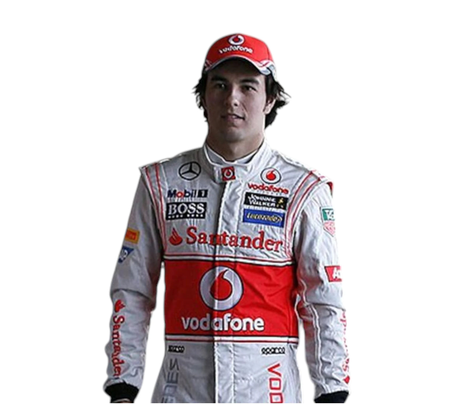 Person wearing a Formula 1 racing suit with various sponsor logos on a white background