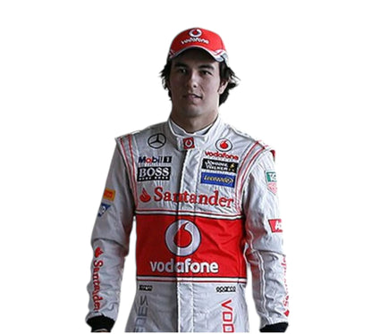 Person wearing a Formula 1 racing suit with various sponsor logos on a white background