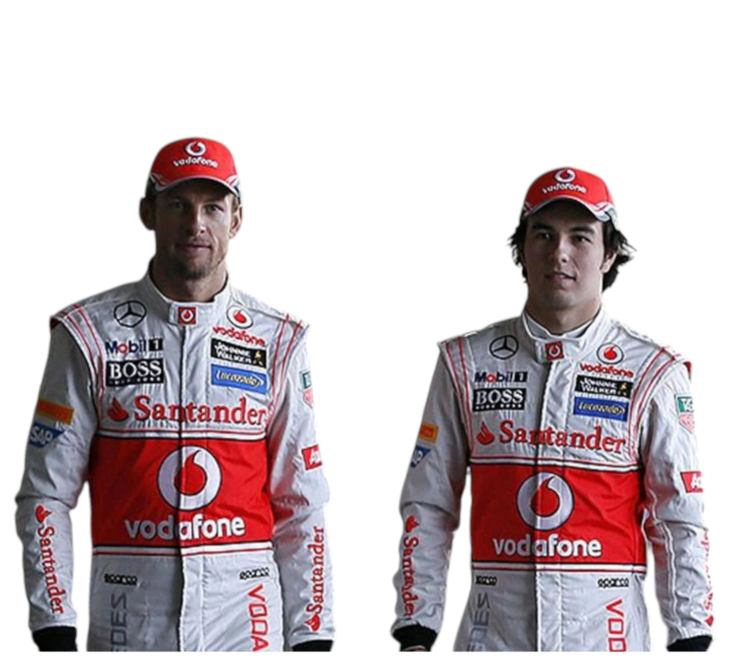 Two Formula 1 drivers in branded racing suits on a white background