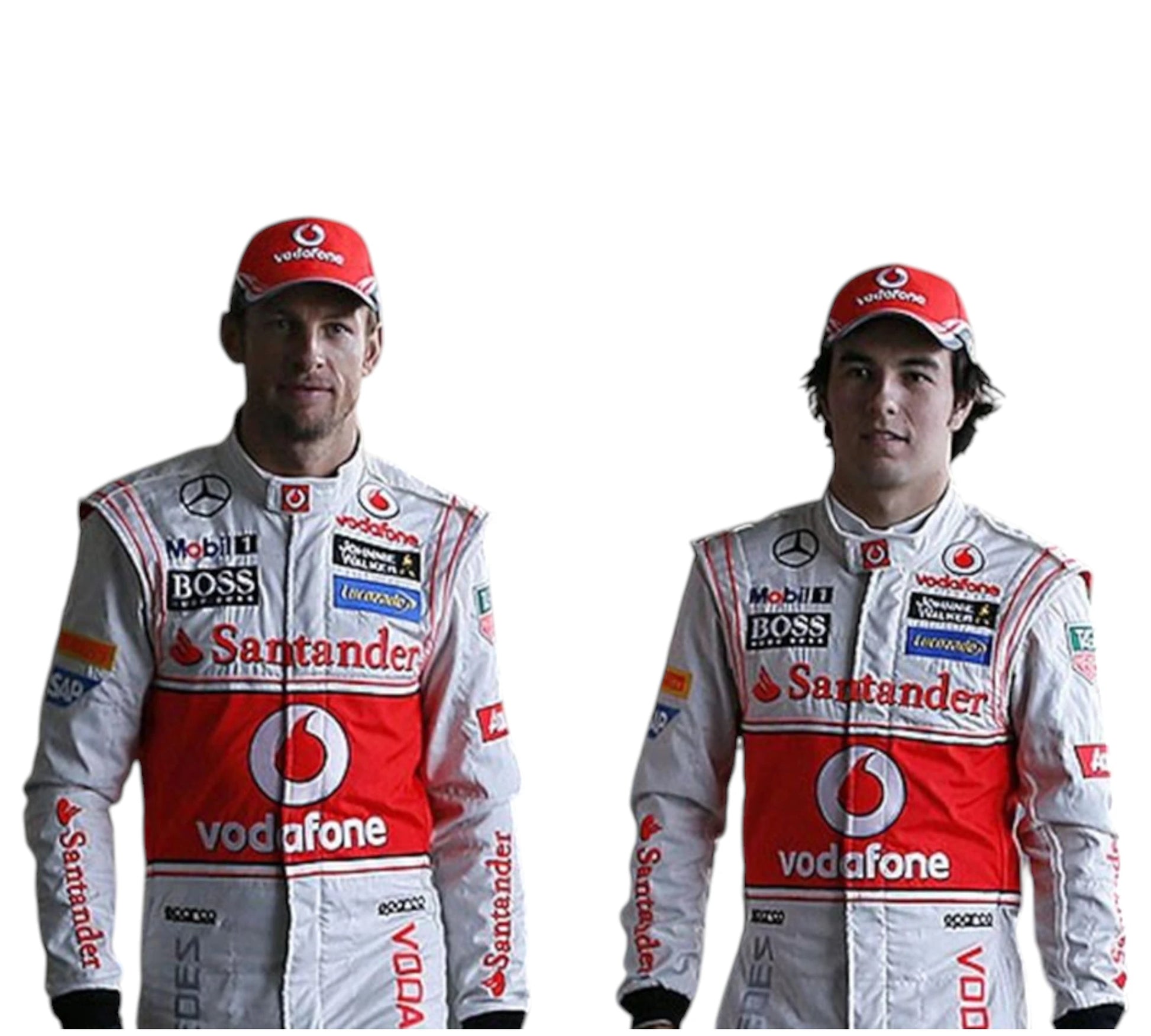 Two Formula 1 drivers in branded racing suits on a white background