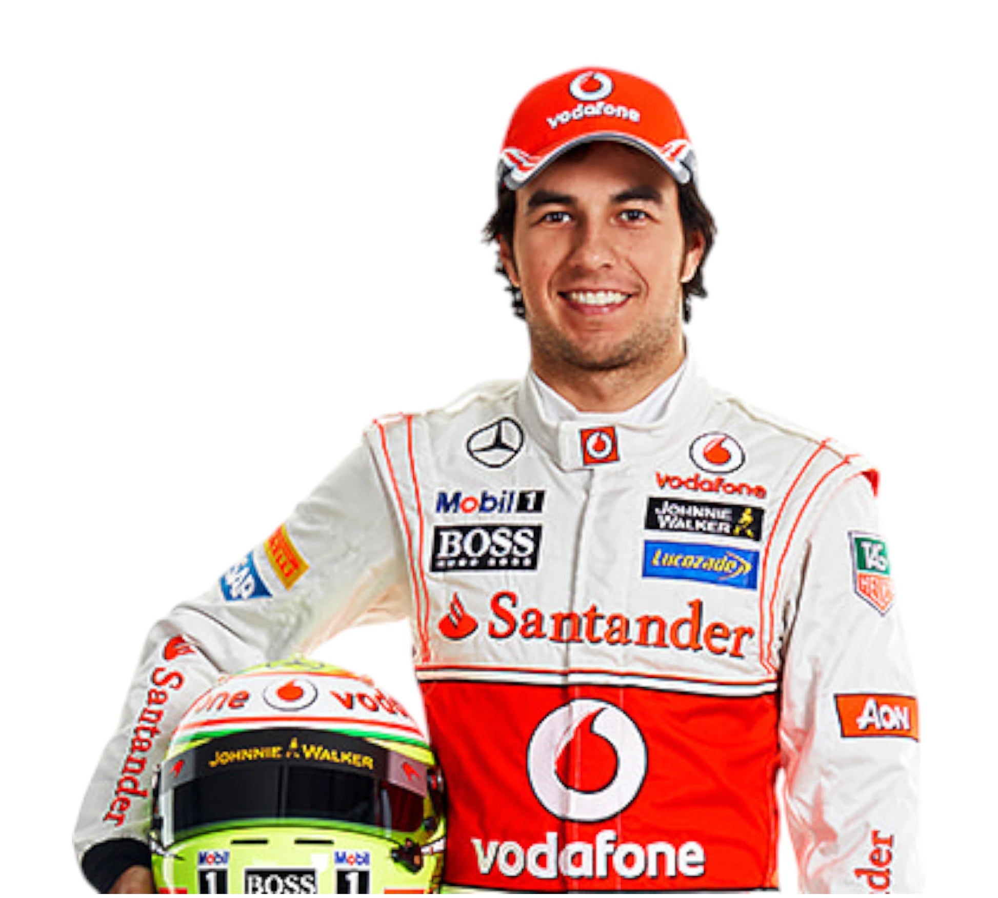 F1 driver in racing suit with visible sponsor logos on a white background