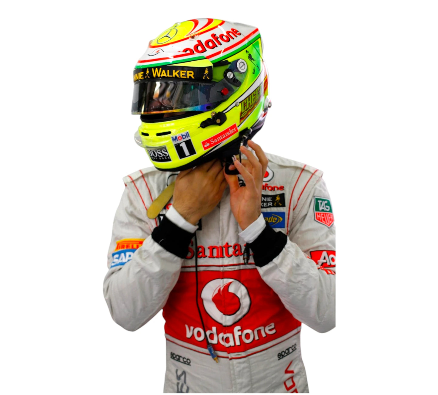 Person wearing a racing helmet and suit with visible branding on a white background