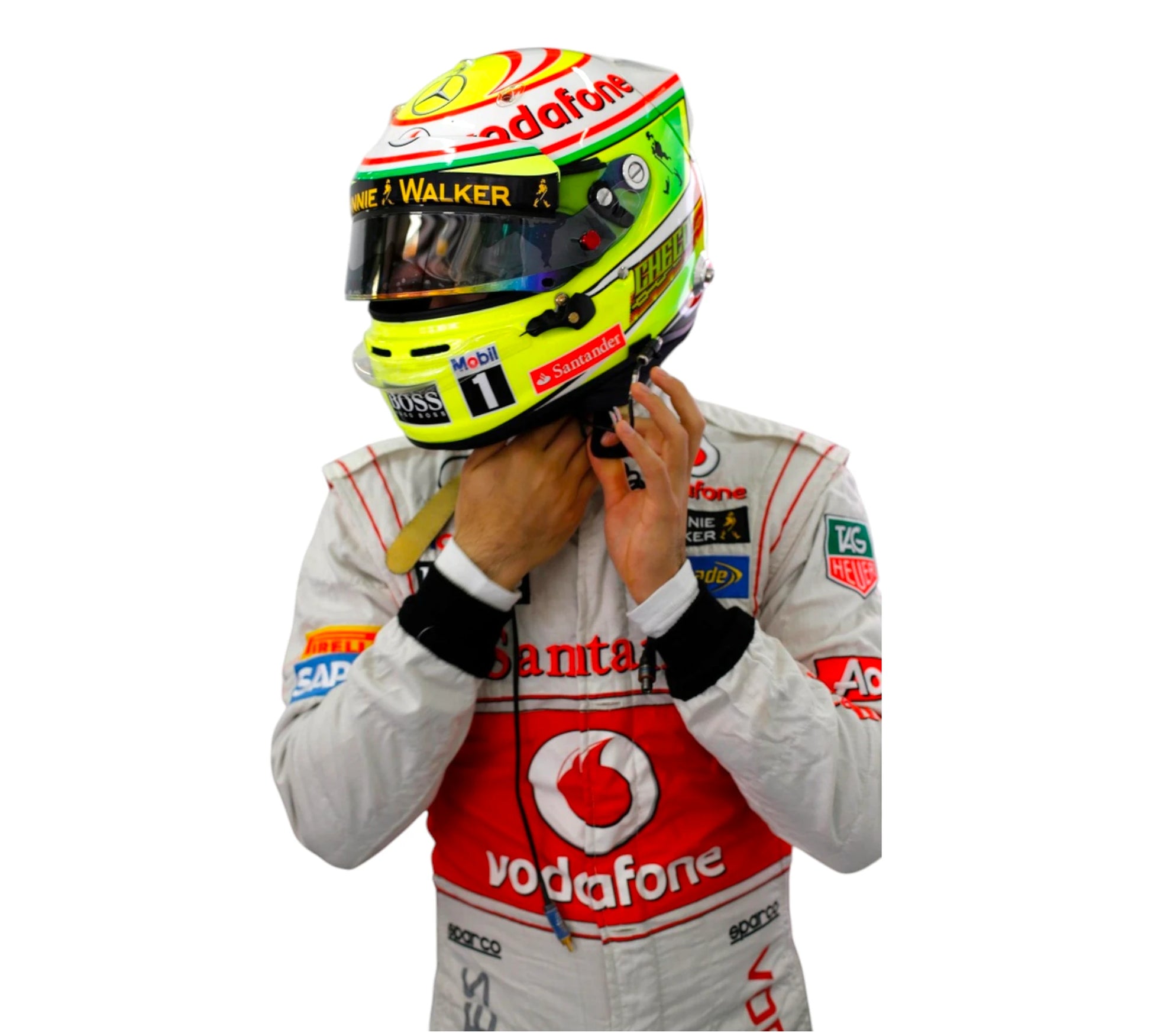 Person wearing a racing helmet and suit with visible branding on a white background