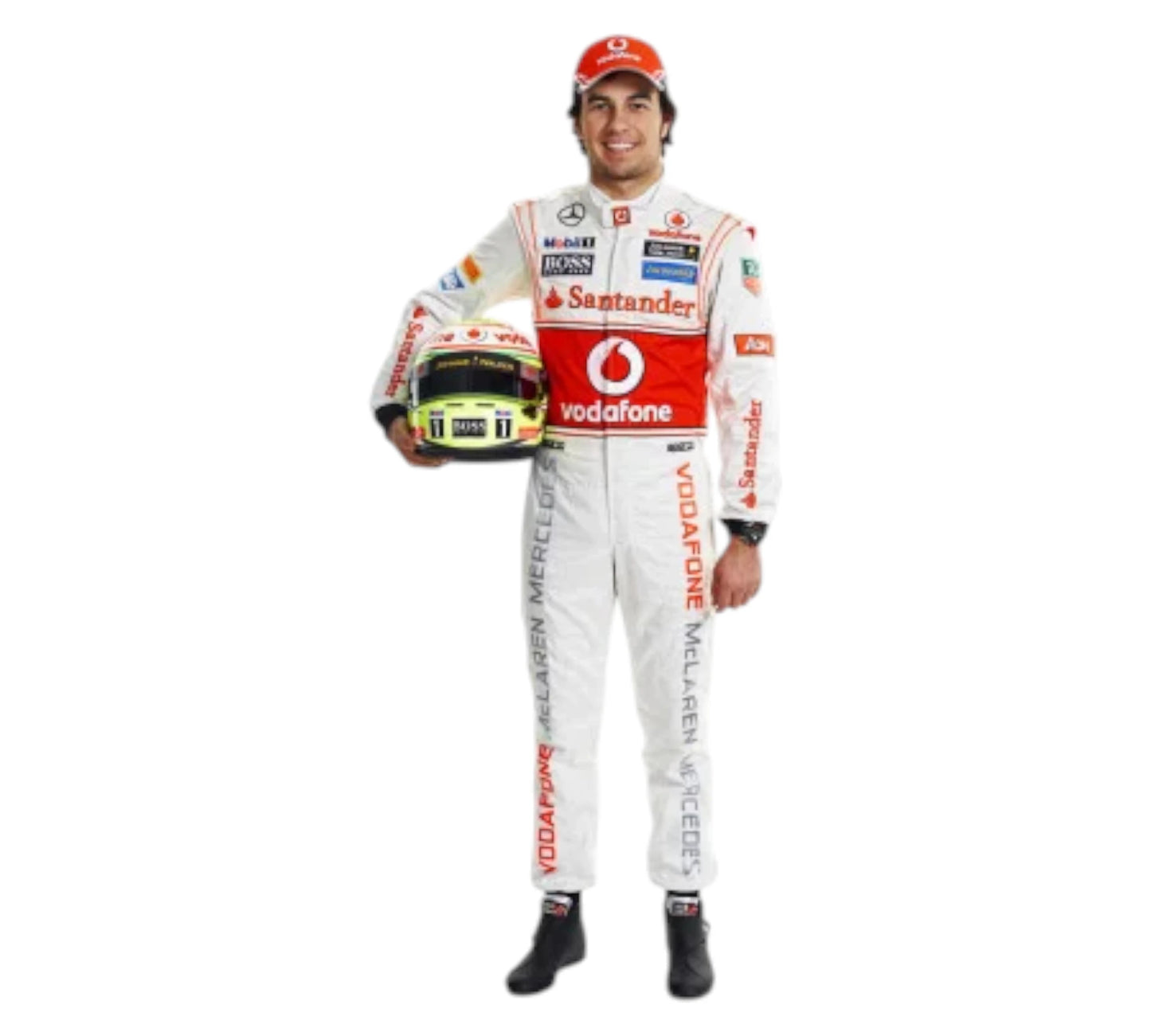 Person wearing a racing suit with Vodafone and Santander logos on a white background