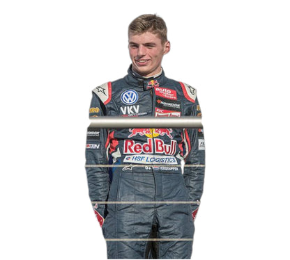 Person wearing a racing suit with various sponsor logos on a white background