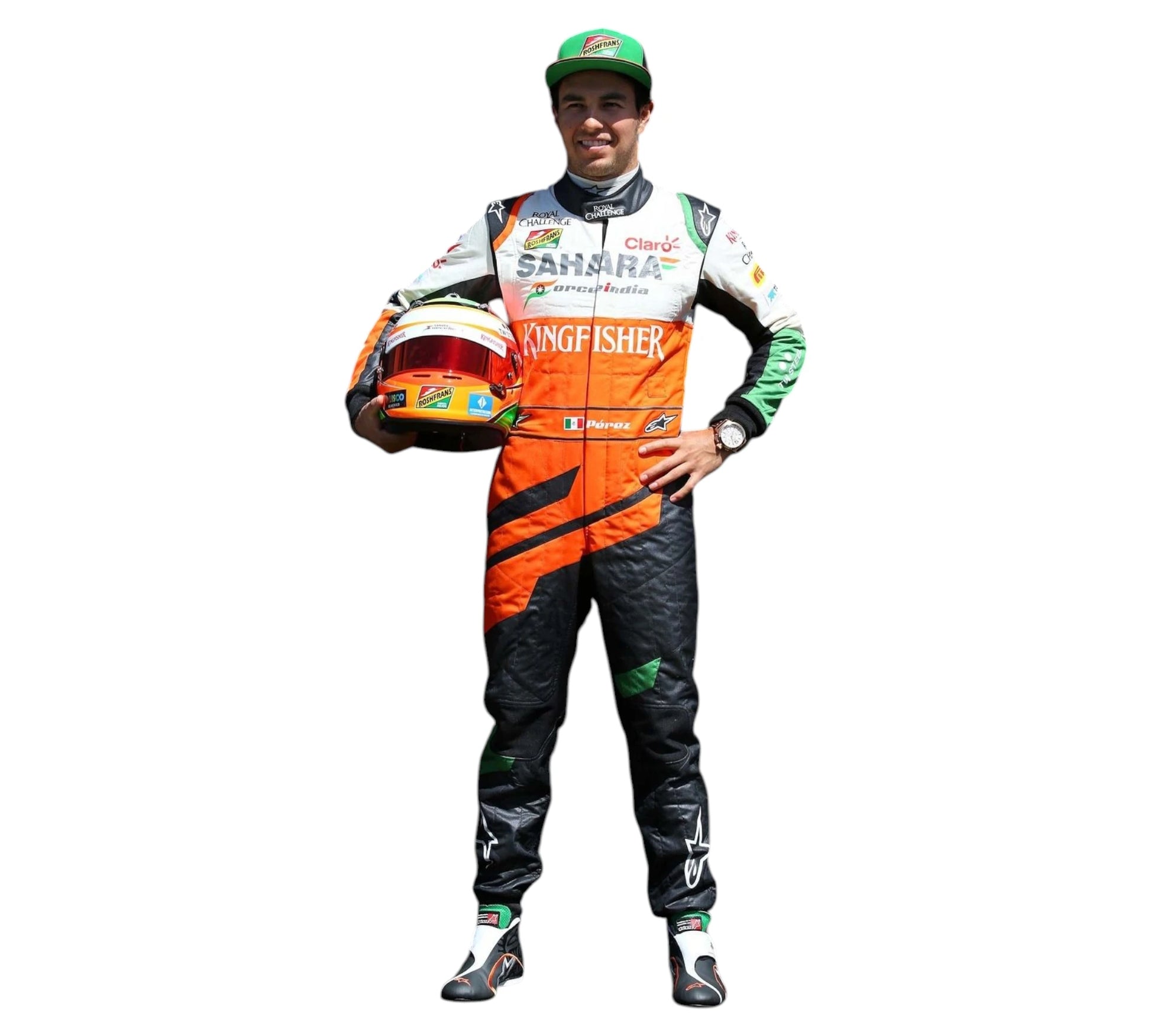 Person wearing a Formula 1 racing suit holding a helmet on a white background