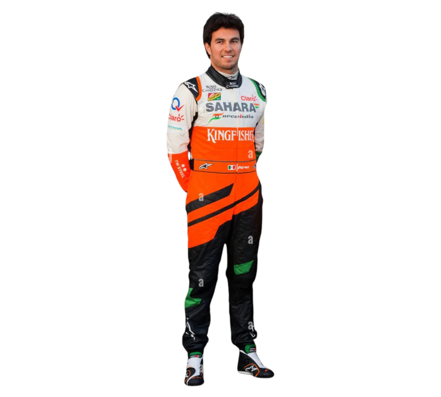 Person wearing a racing suit with Sahara and Kingfisher branding on a white background
