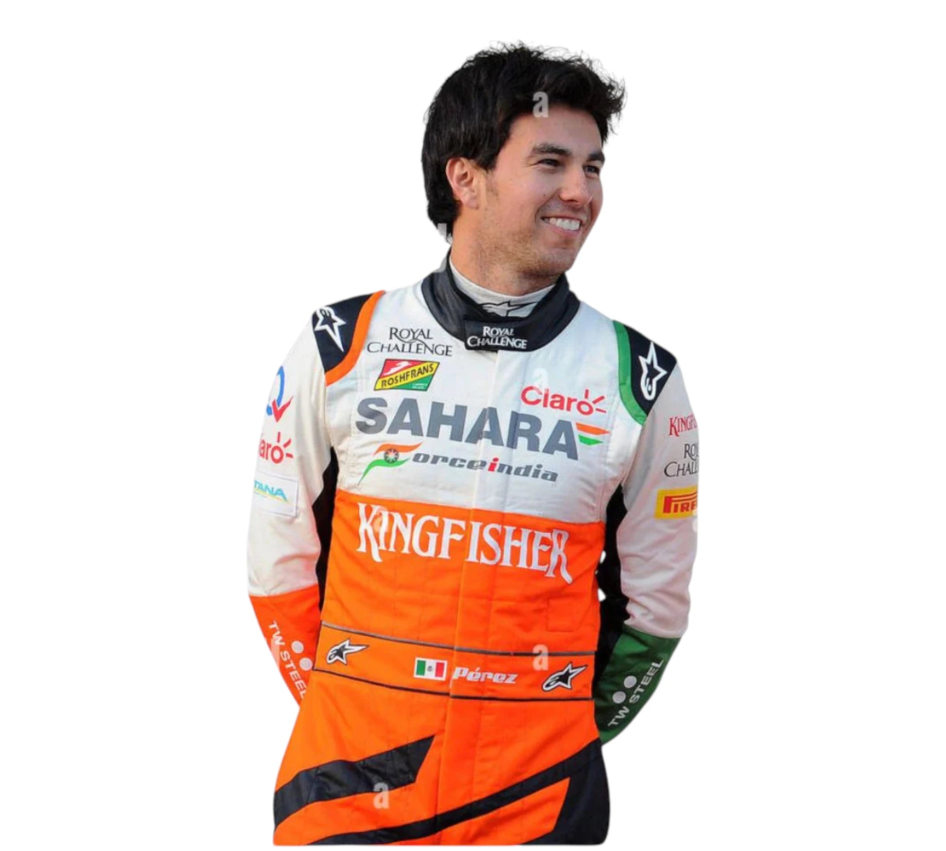 Person wearing a Sahara Force India racing suit on a white background