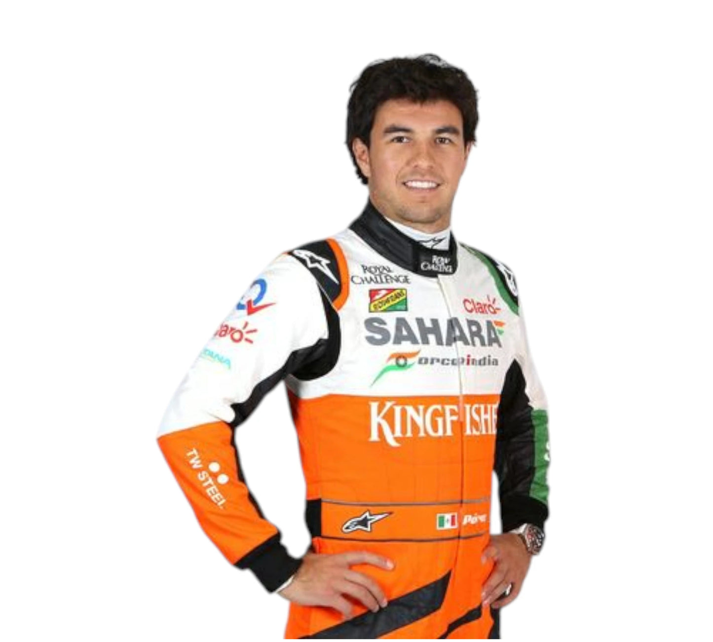 Person wearing a racing suit with various sponsor logos on a white background