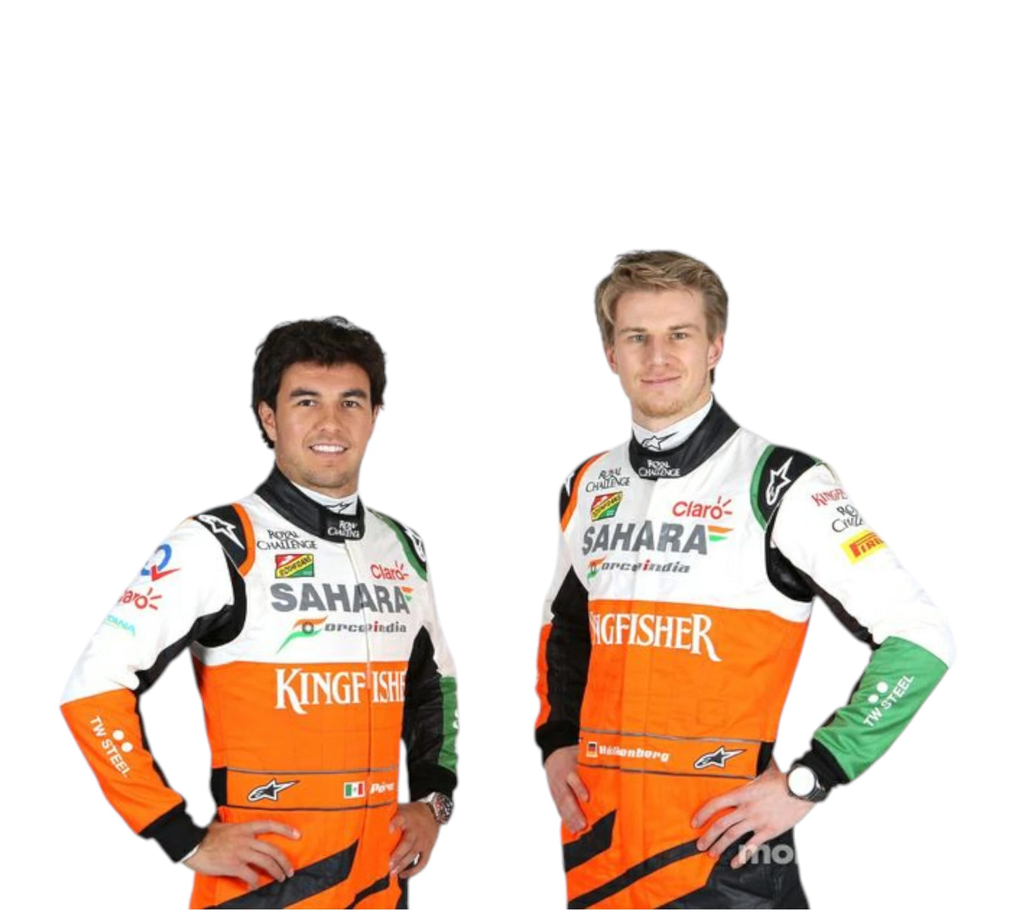 Two individuals wearing racing suits with Sahara and Kingfisher branding on a white background