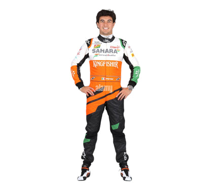 Person wearing a racing suit with Sahara and Kingfisher branding on a white background