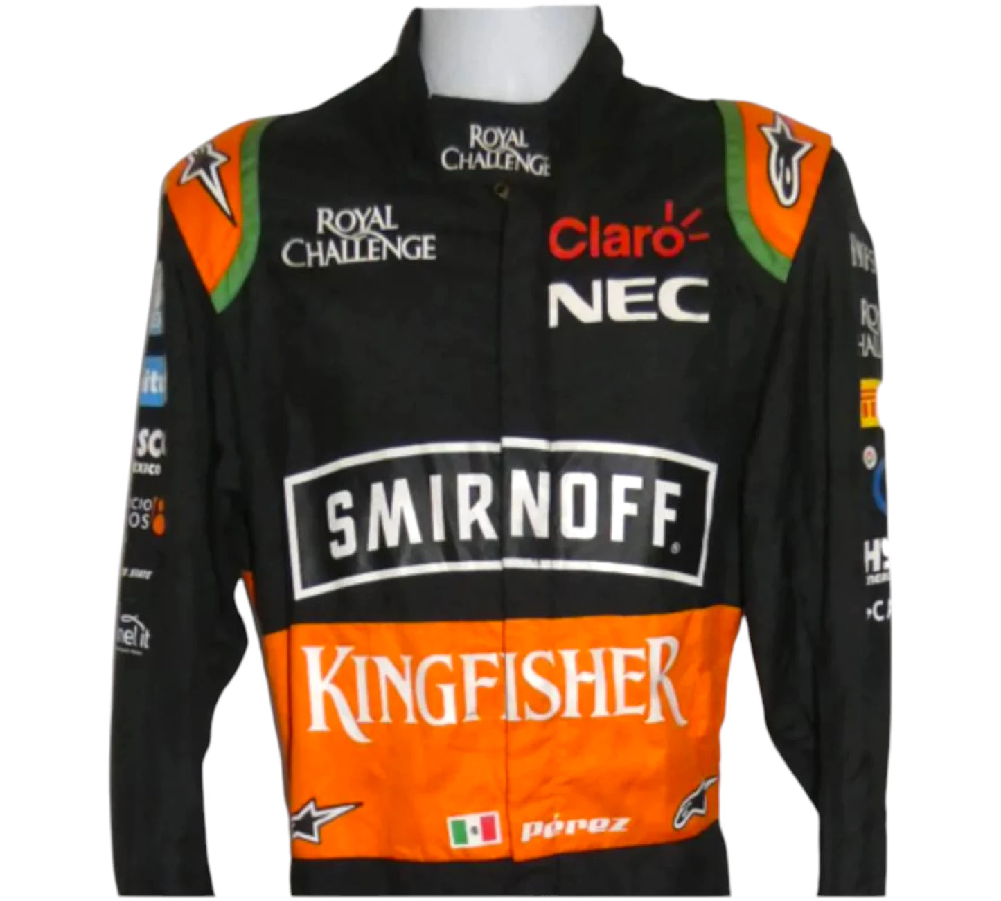 Black and orange racing jacket with various brand logos on a white background