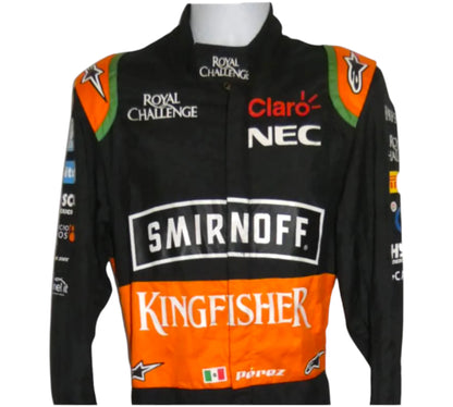 Black and orange racing jacket with various brand logos on a white background