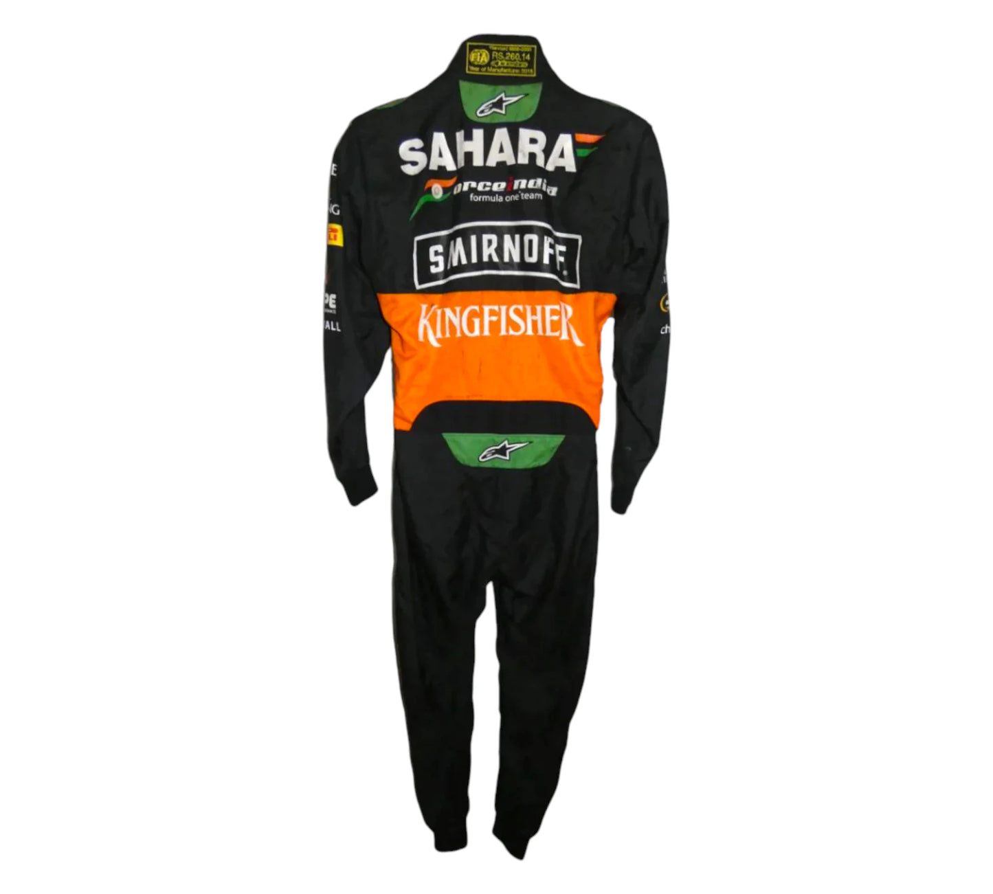 Motocross jumpsuit with Sahara, Force India, Sairnoff, and Kingfisher branding on a white background