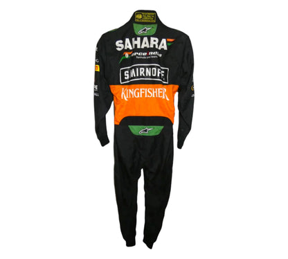 Motocross jumpsuit with Sahara, Force India, Sairnoff, and Kingfisher branding on a white background