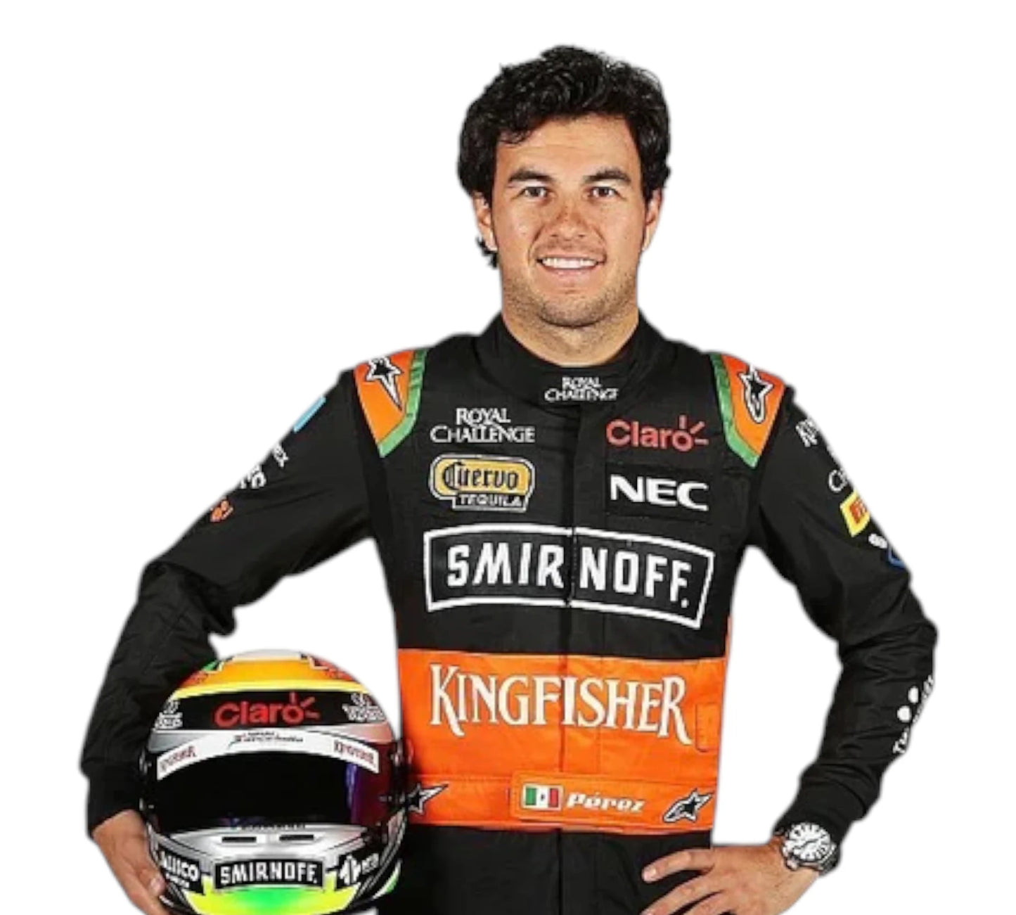Person wearing a racing suit with various sponsor logos, holding a helmet.