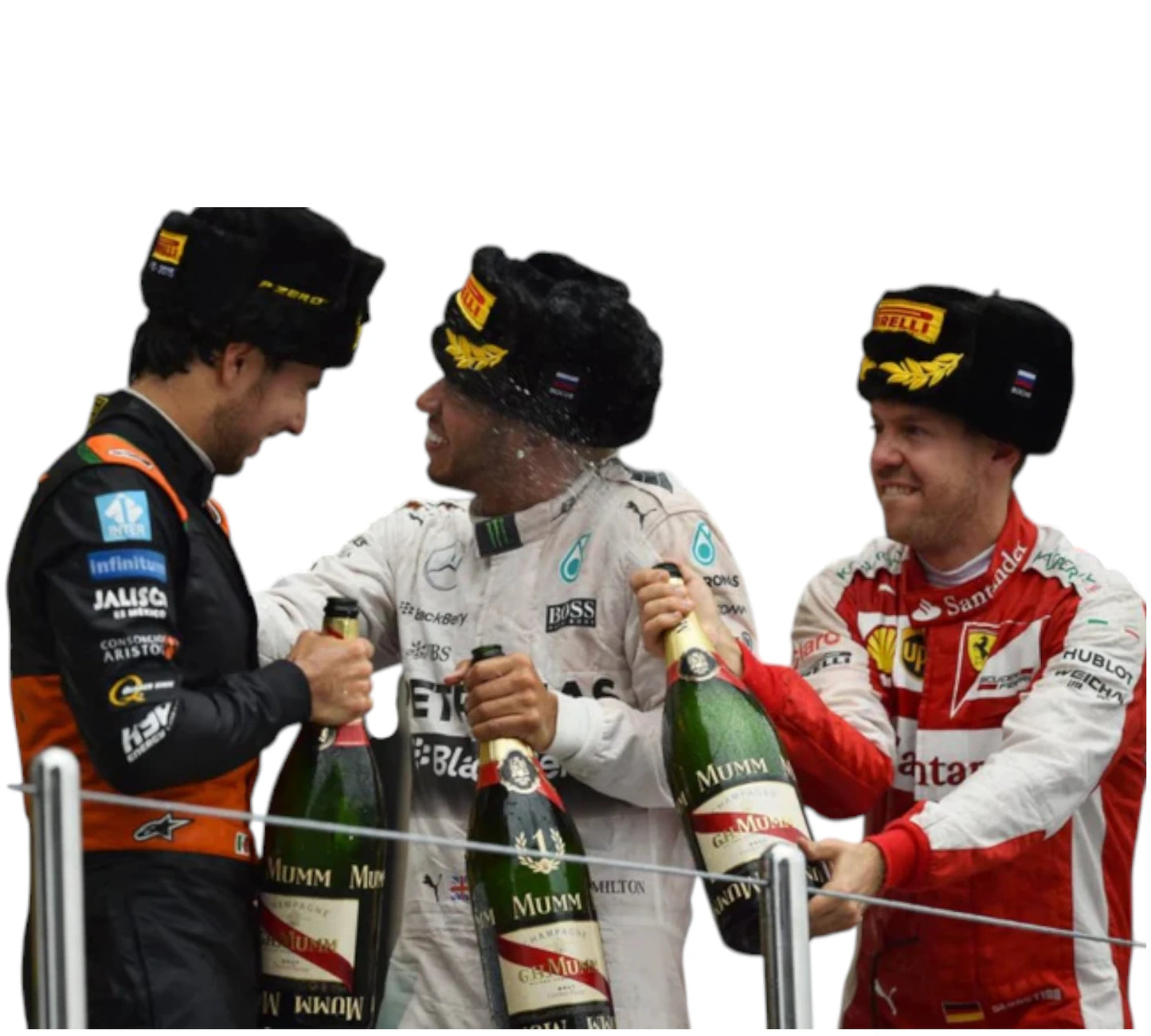 Three Formula 1 drivers celebrating with champagne bottles on a podium.