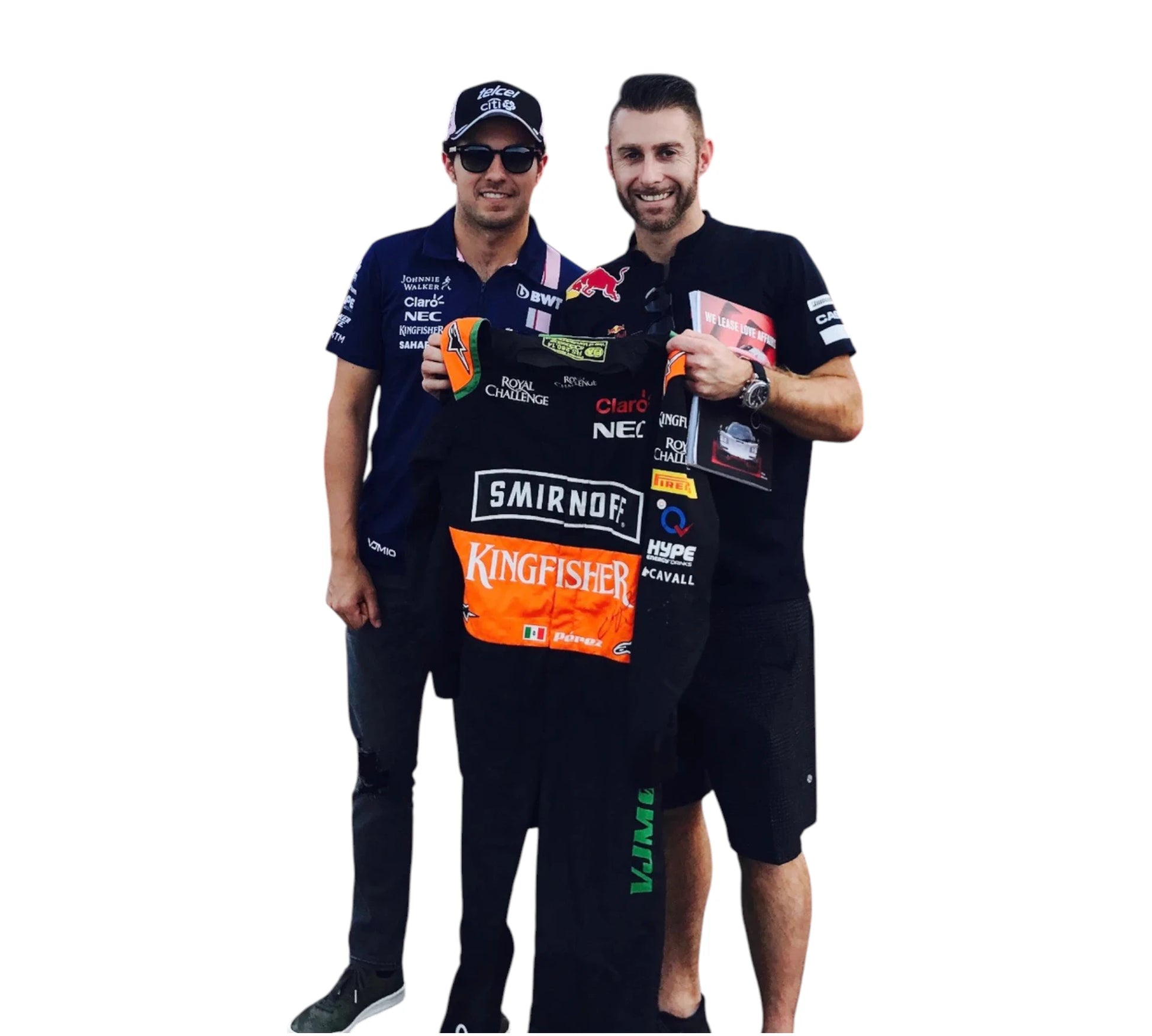 Two men in branded sports outfits holding tennis rackets on a white background