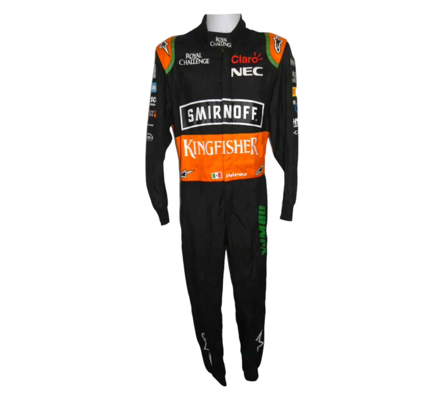 Black racing suit with multiple brand logos on a white background