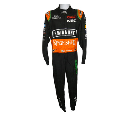Black racing suit with multiple brand logos on a white background