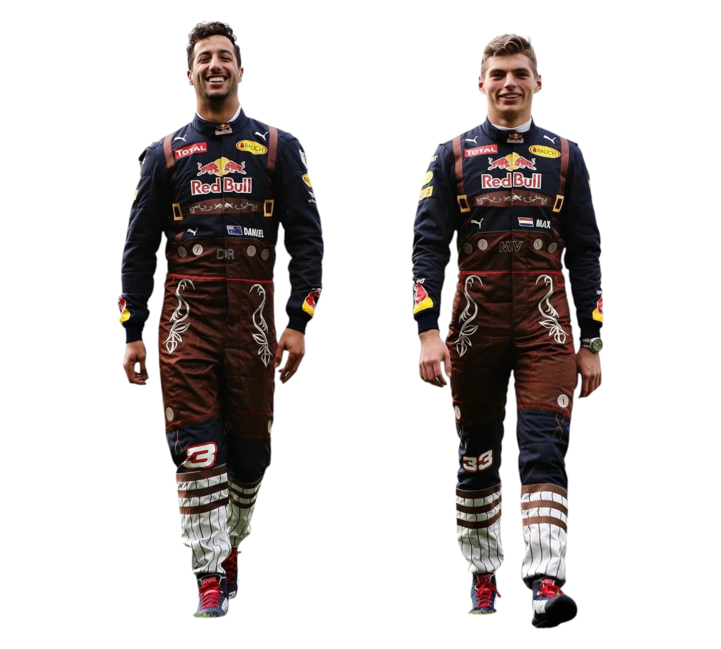 Two Formula 1 drivers in Red Bull racing suits on a white background