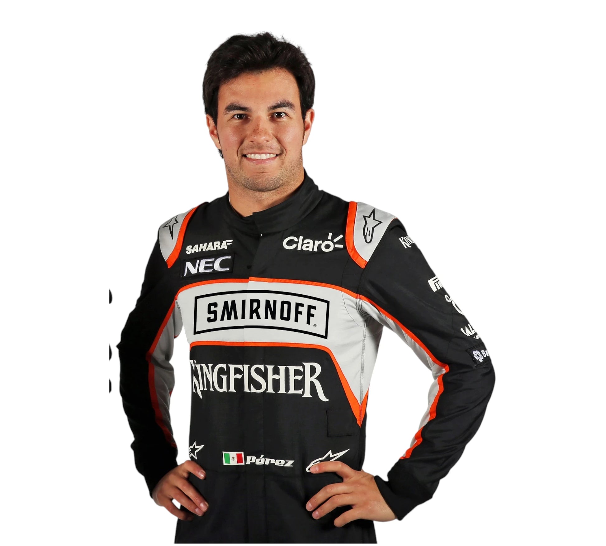 Person wearing a racing suit with various sponsor logos on a white background