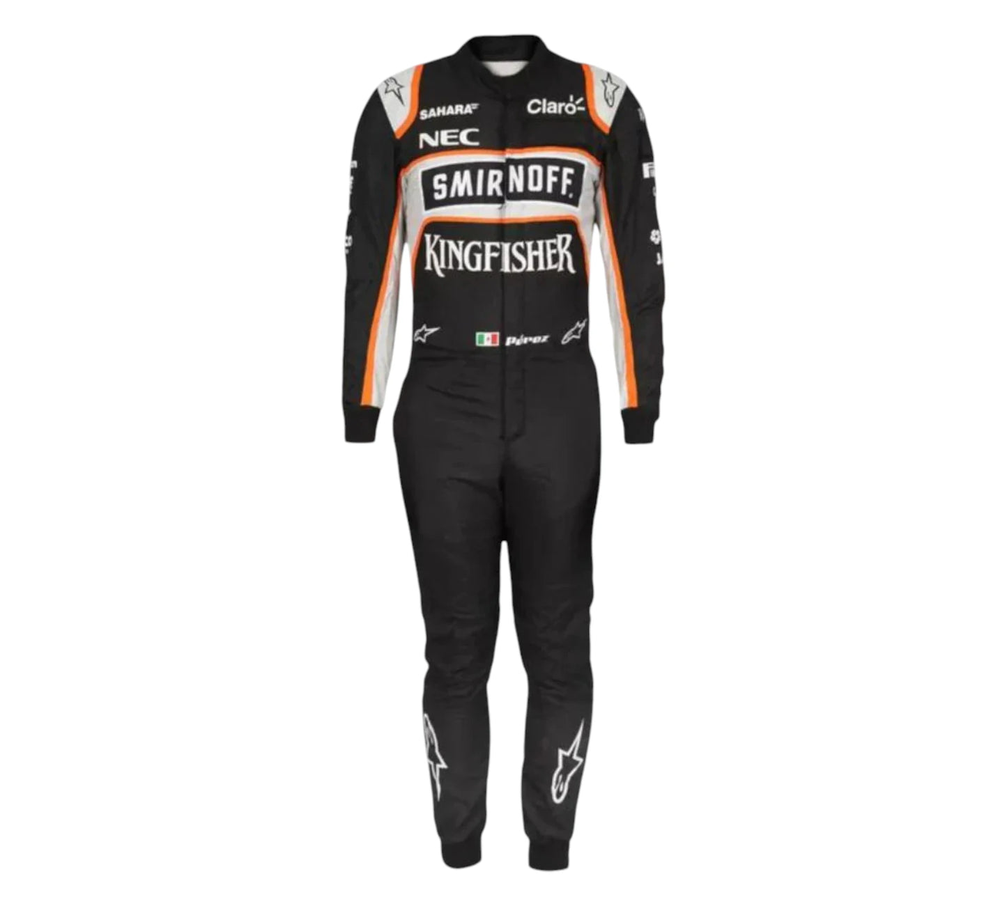 Black racing suit with various brand logos on a white background