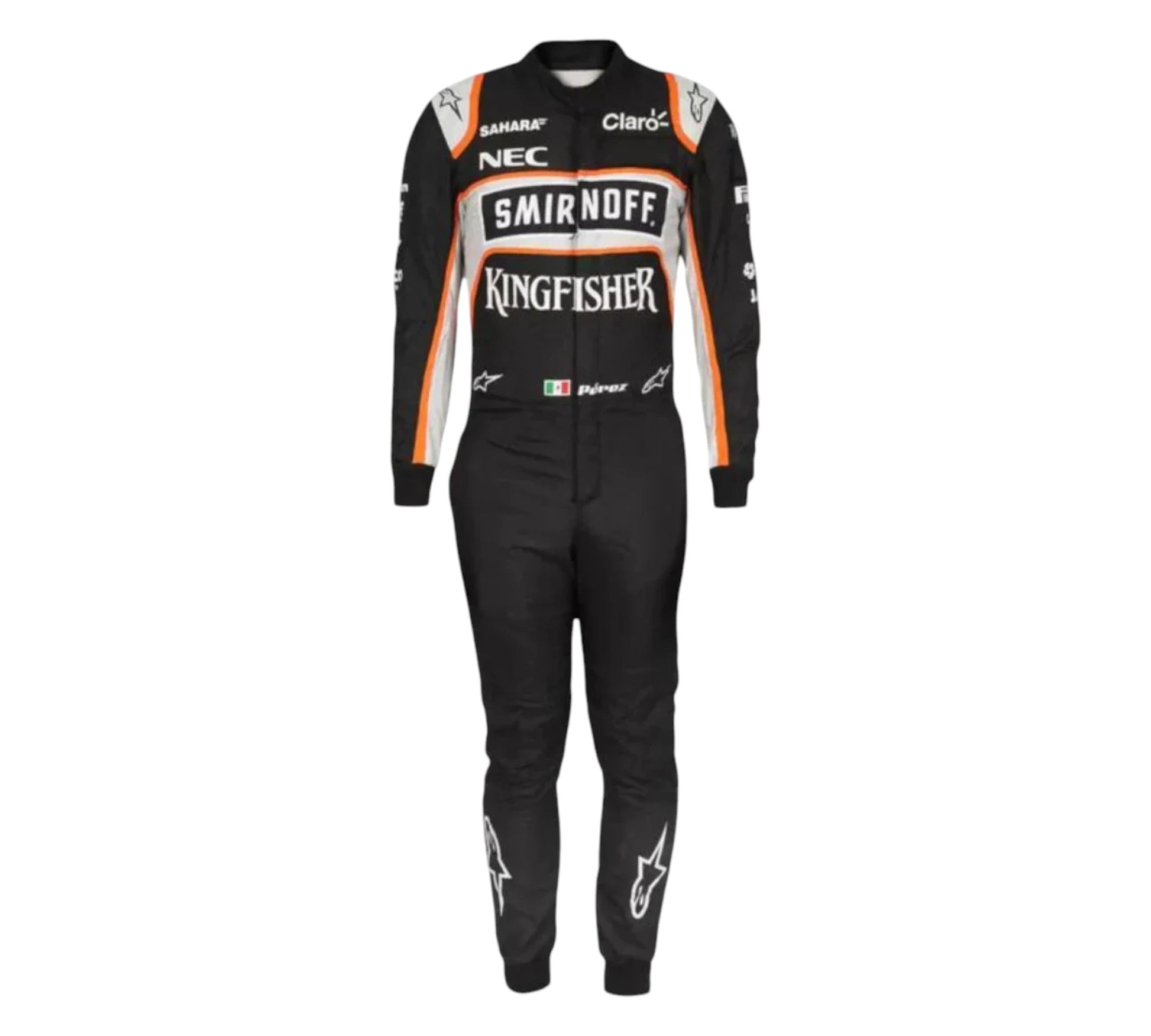 Black racing suit with various brand logos on a white background