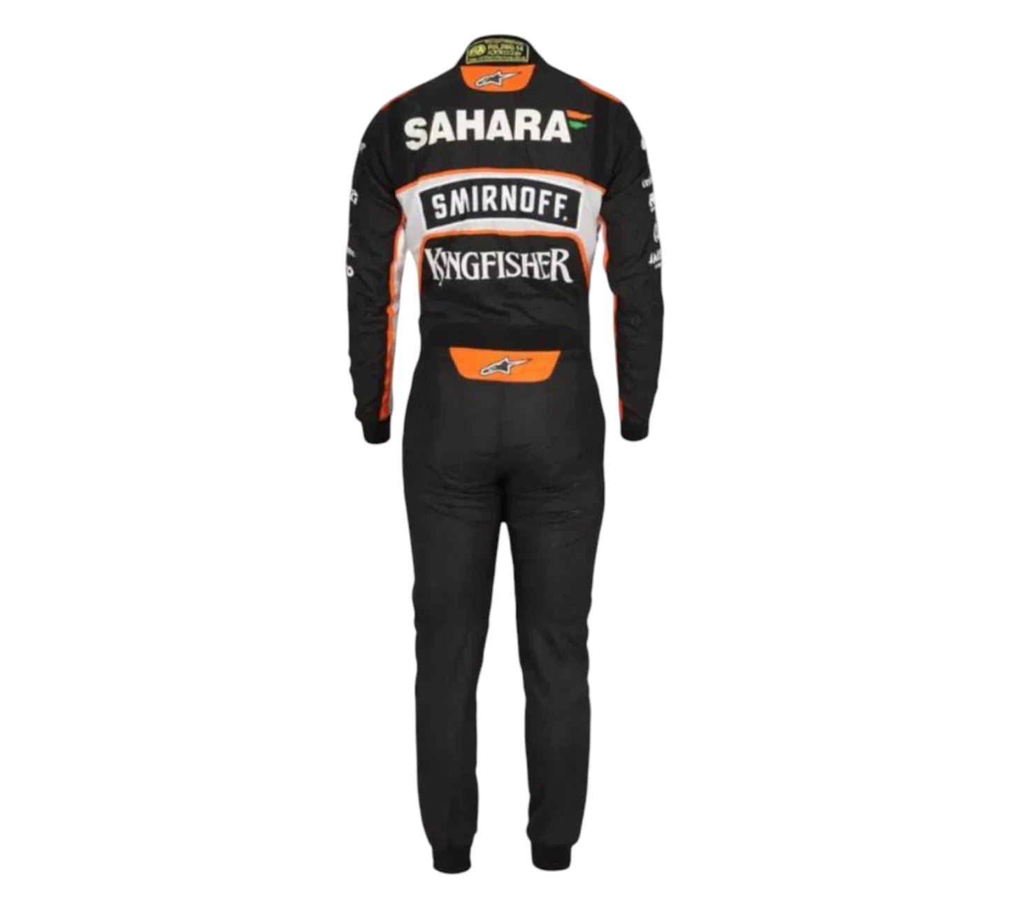 Black racing suit with visible branding on a white background